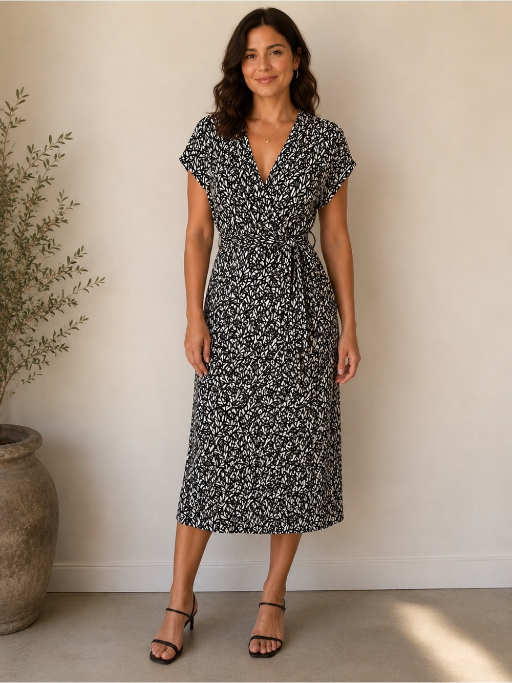 Adrianna Papell Black and White Leaf-Print Faux Wrap Midi Dress